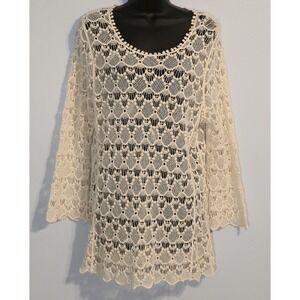 Le Dor Women's White Cream Crocheted Long Sleeve Boho Cotton Blouse Size Large